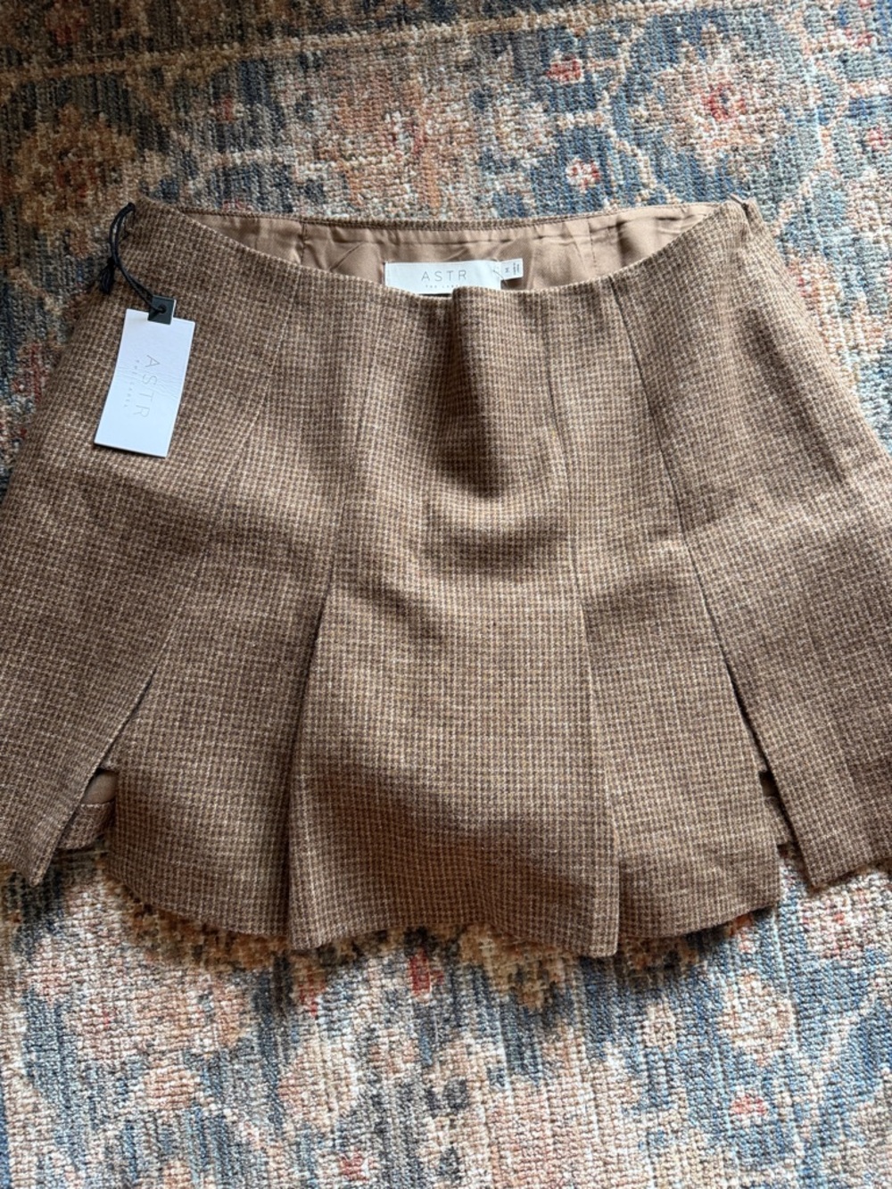 Astr Tan Plaid Pleated Mini Skirt